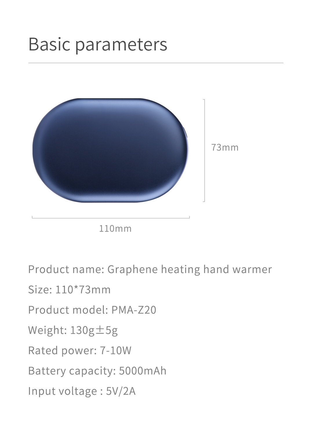 Z20 Graphene Heated Hand Warmer: hand warmer dimensions and product specifications.