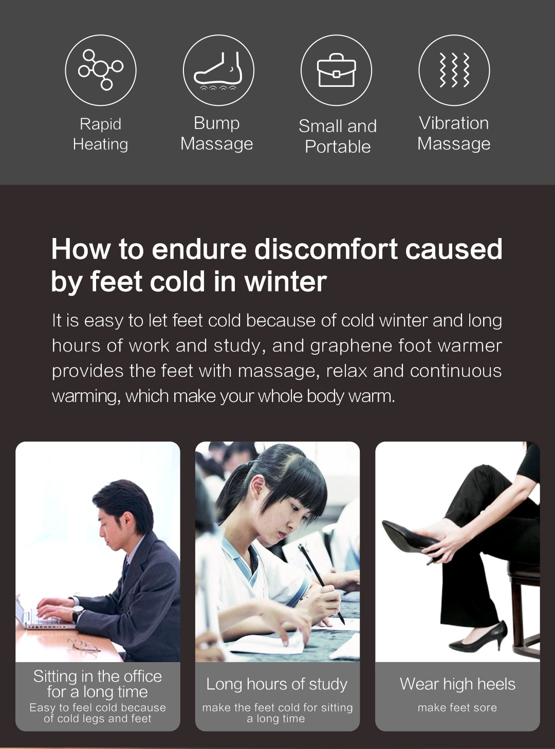 B30 Graphene Heated Massage Foot Warmer: office and home activity illustrations.