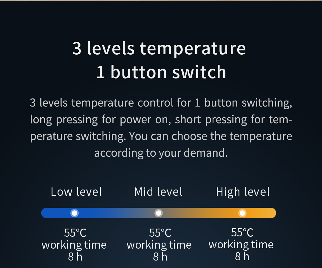 Z20 Graphene Heated Hand Warmer: temperature setting indicator guide.