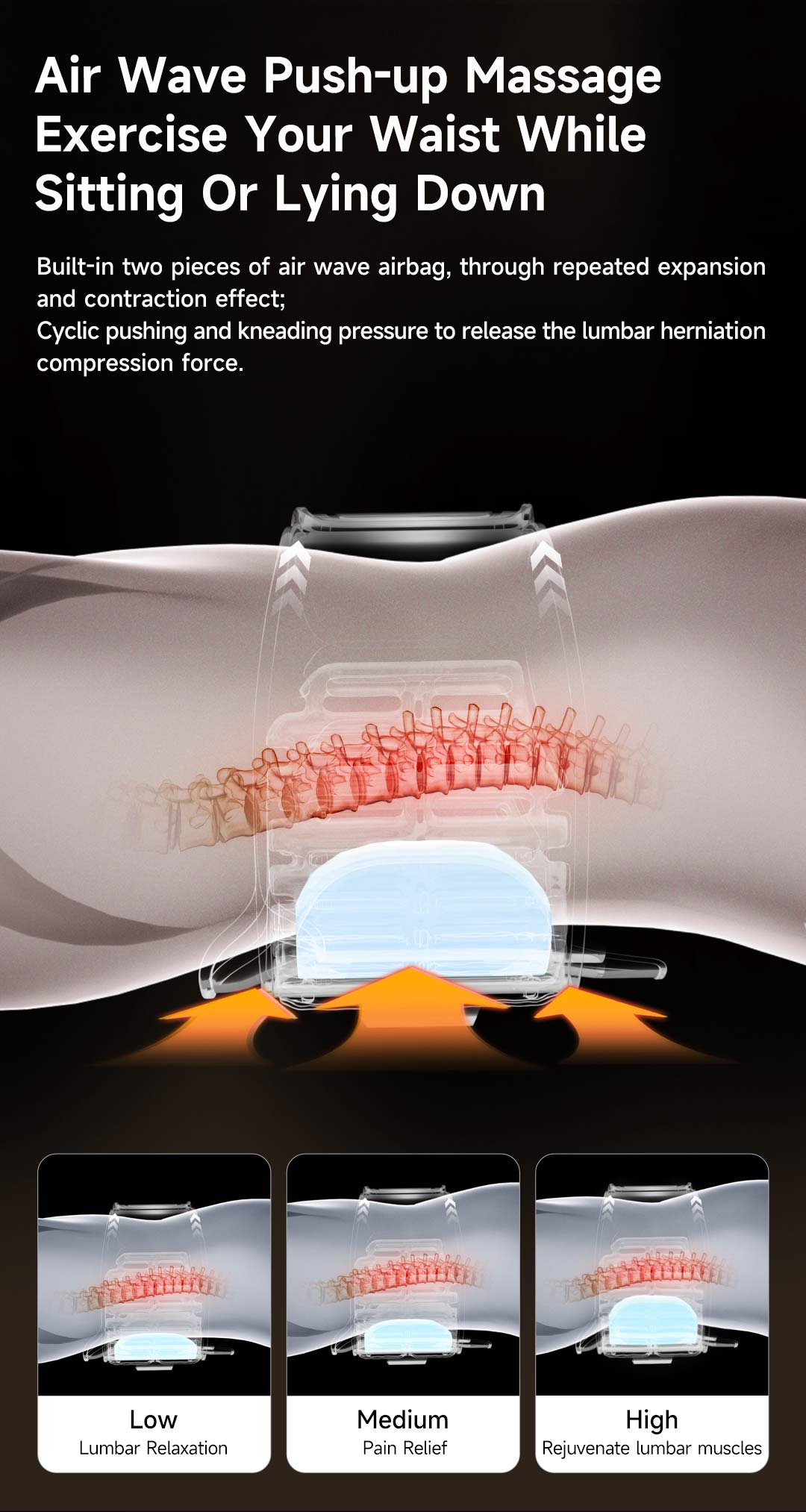 Graphene Airbag Lumbar Support Belt: reclining airbag support illustration.