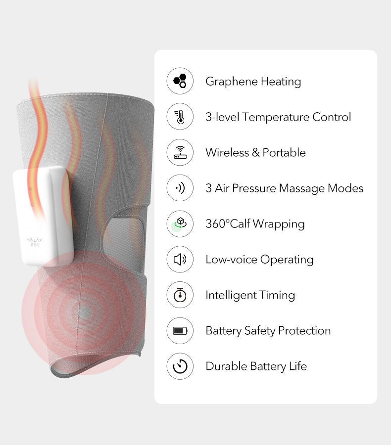 Graphene Leg Massager: calf wrap cutaway and feature icons.