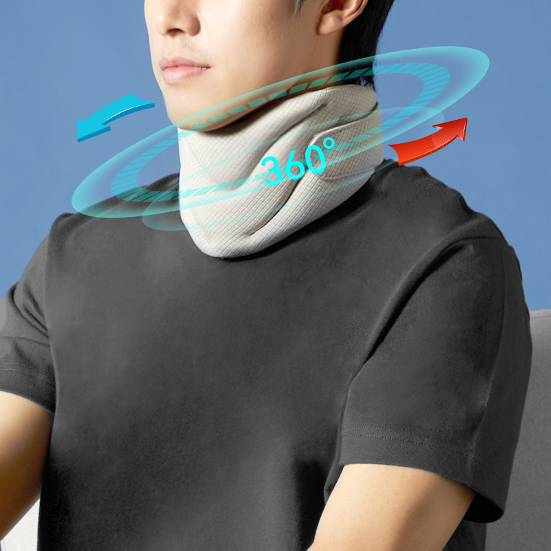 Graphene Heated Neck Support: angled wearing view and wraparound fit illustration.