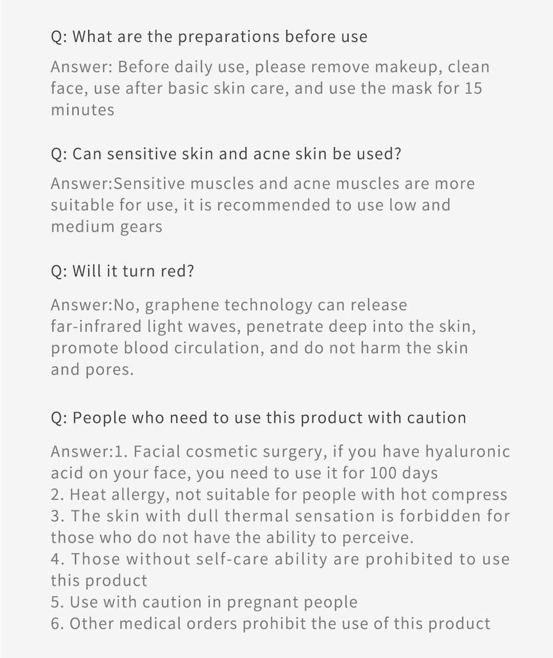 X10 Graphene Heated Face Mask: printed use questions and precautions.
