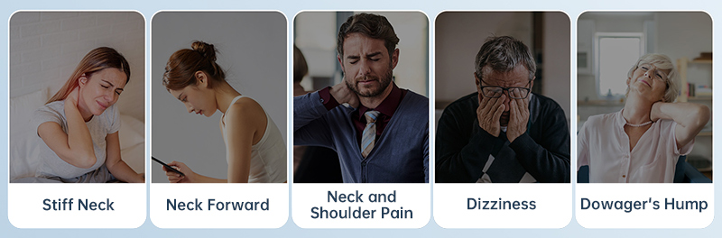 Graphene Heated Neck Support: illustrations of neck posture and daily discomfort.