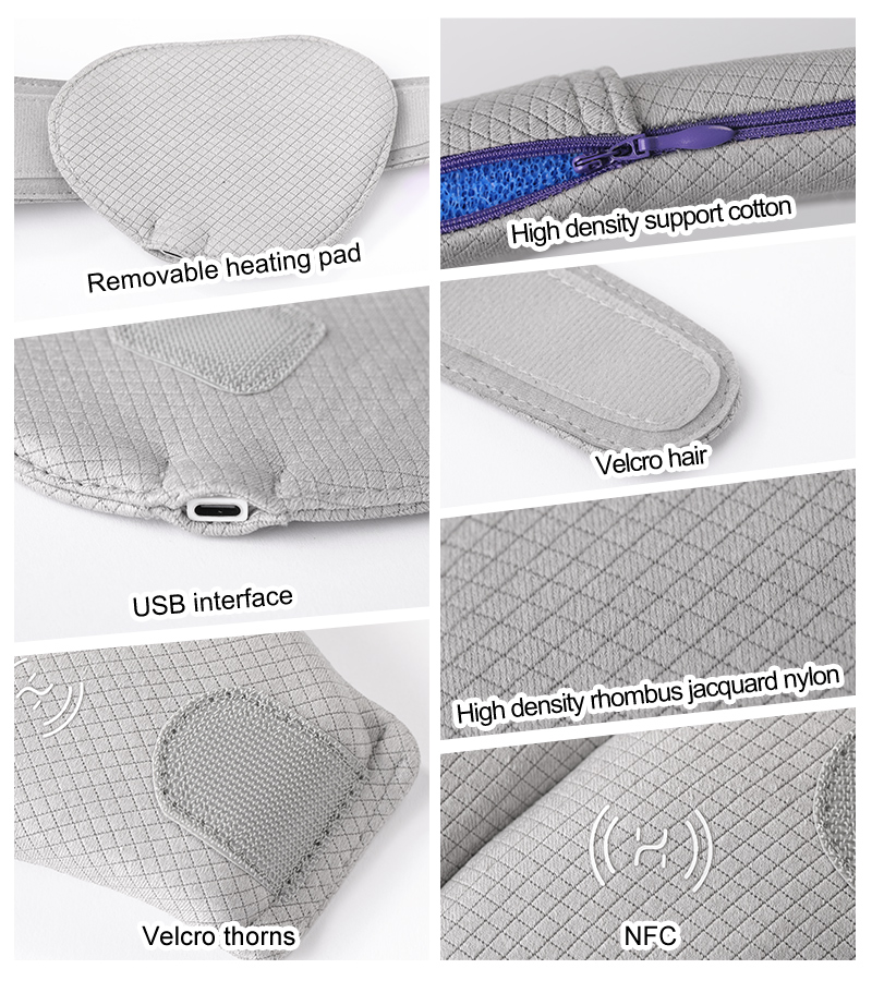 Graphene Heated Neck Support: fabric, fastening and USB port close-ups.