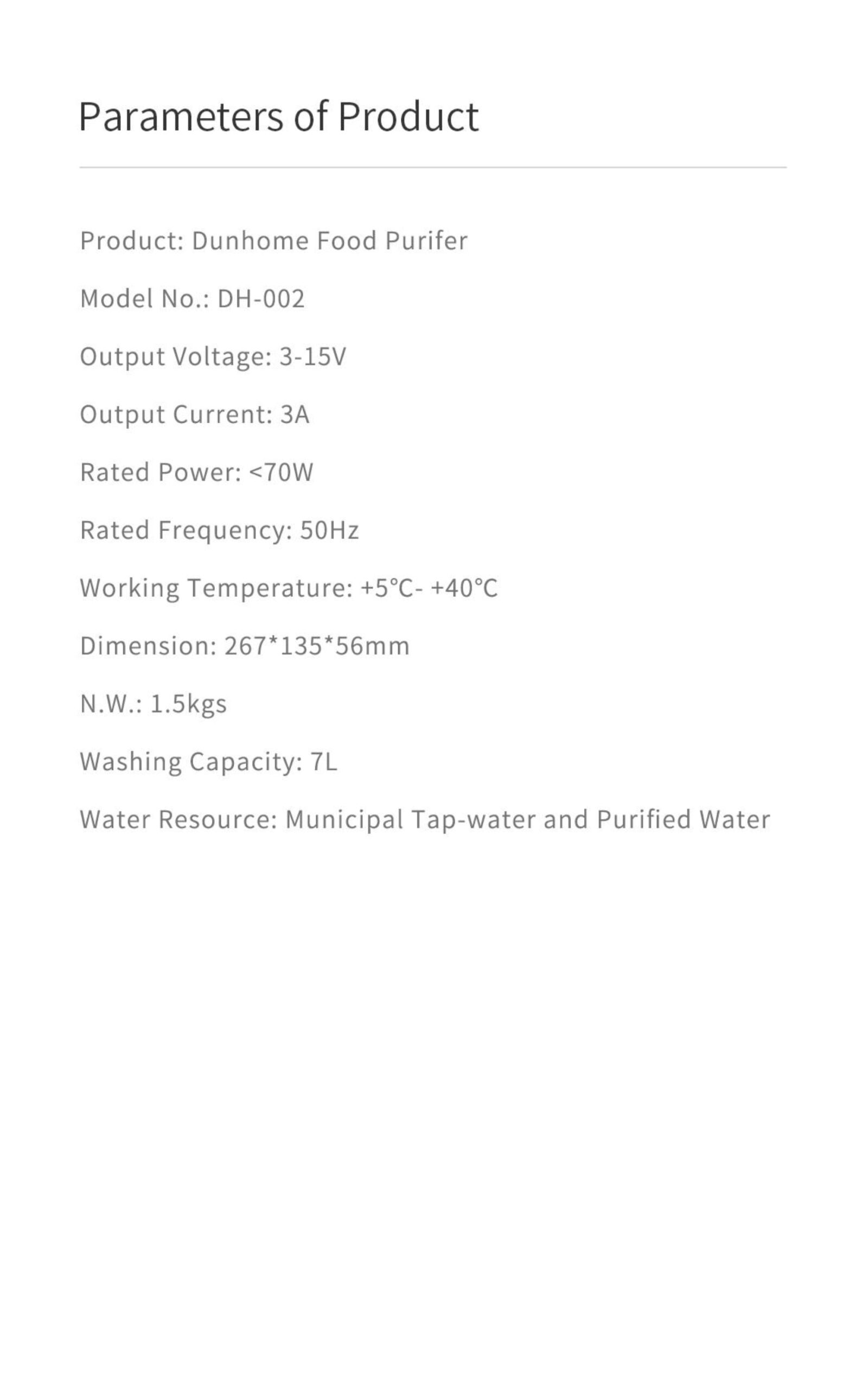 DH-002 food purification device parameters