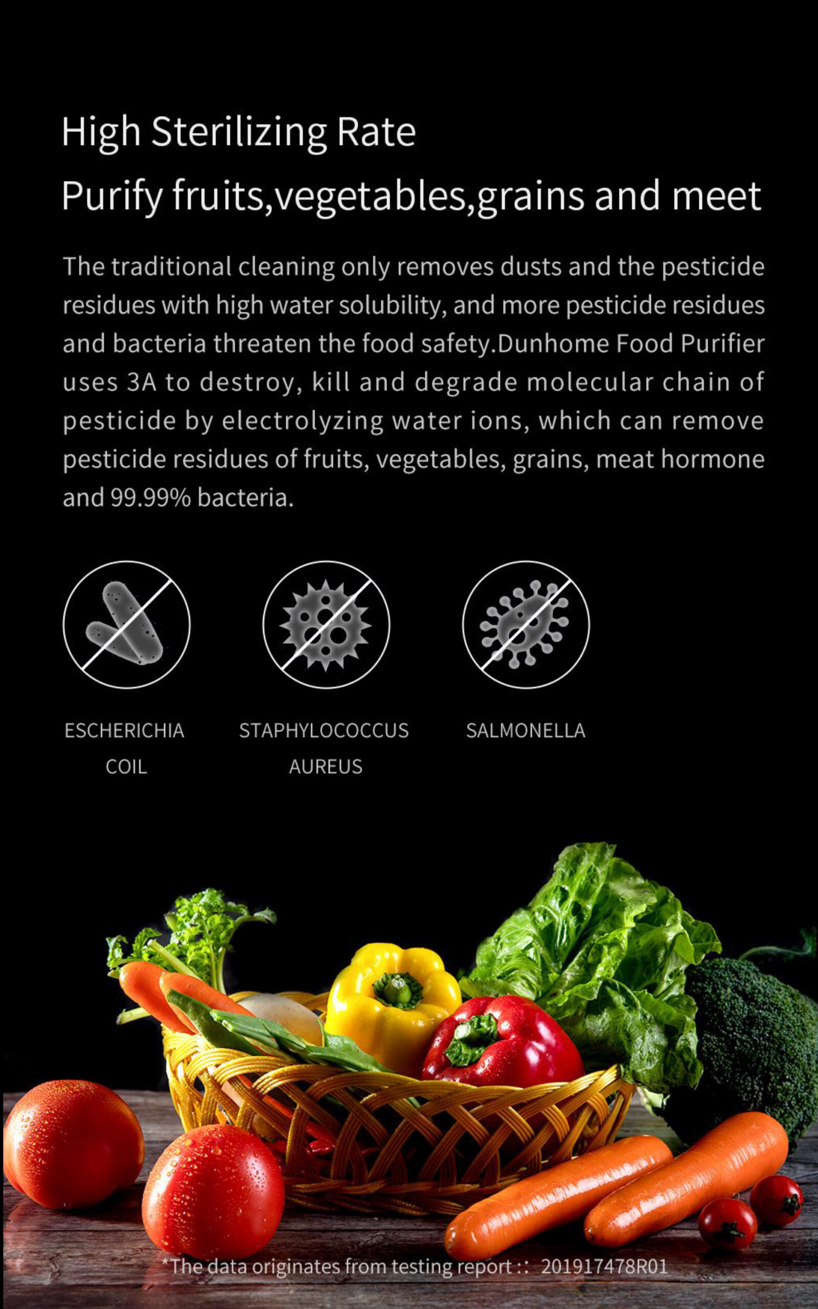 Food purification device produce treatment information
