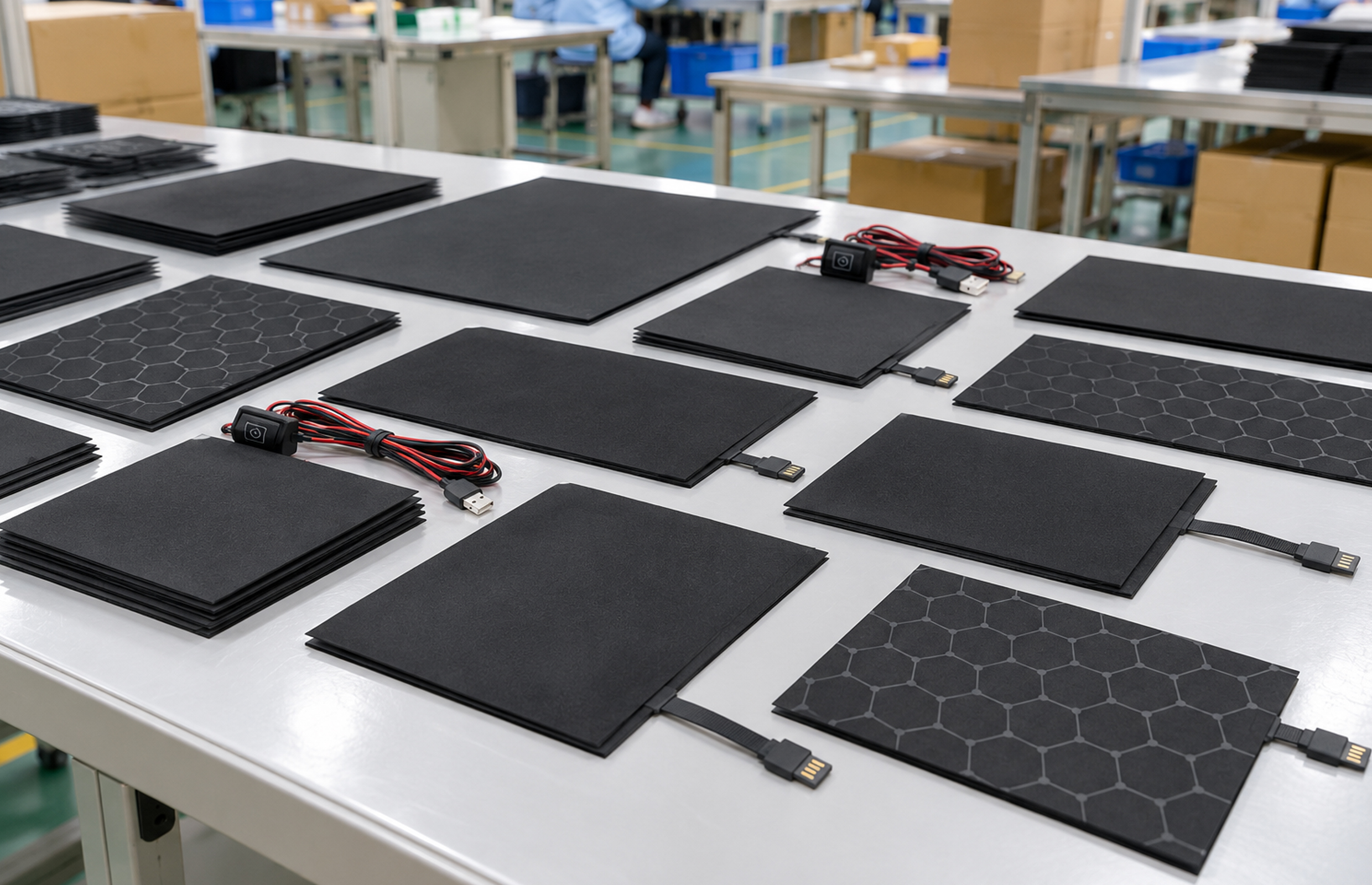 Graphene heating elements with electrical connectors displayed on a production workbench